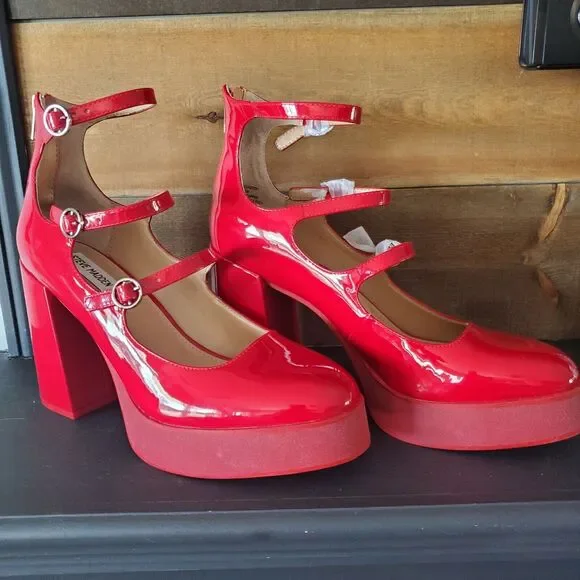 Steve Madden Mary Jane Chunky High Heels 3 Buckle Pumps Fashion Shoes Women 9.5M - Picture 6 of 11